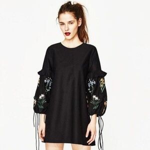 Zara Black Floral Embroidery Balloon Sleeve Dress Medium